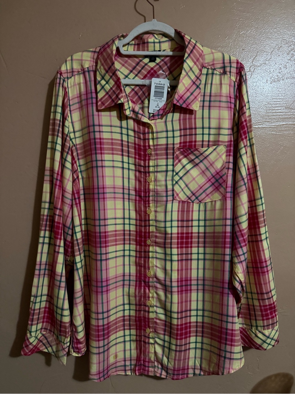 Torrid 3x NWTS Yellow, Pink & Green Plaid Button-Up Shirt